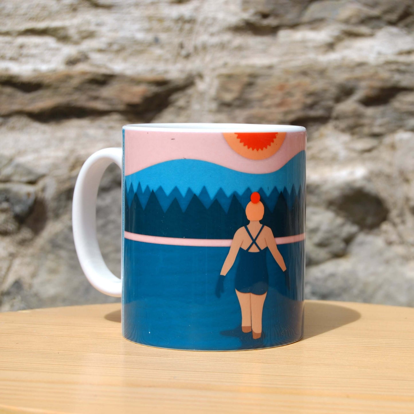 Illustration of female wearing a swimsuit and bobble had walking in to a lake, pine trees in the background