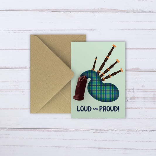 Scottish Bagpipes Balloon Birthday Card – Loud and Proud | Funny Scottish Card