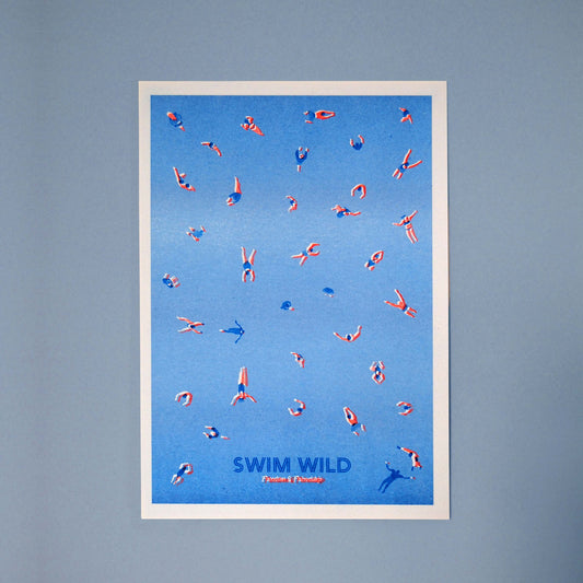 Illustration of a group of Wild Swimmers from above printed using two colours, blue and orange. Risograph technique 