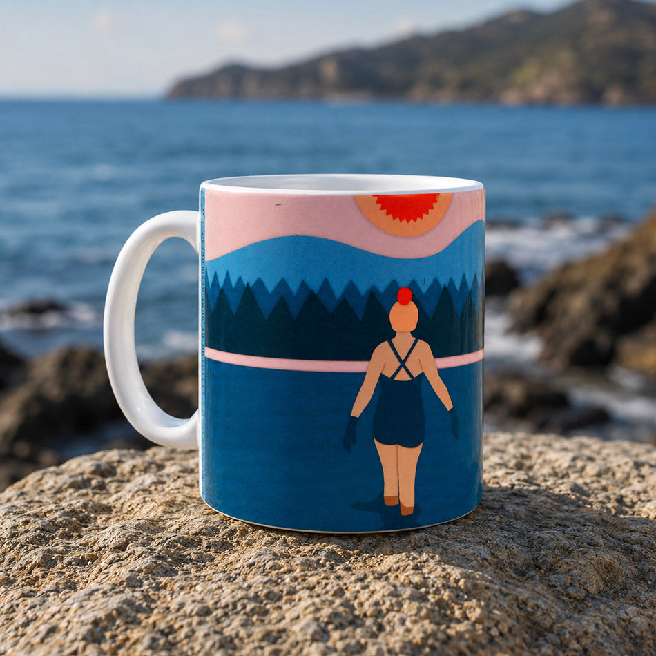 Wild Swimming Mug featuring a swimmer in a Scottish loch or lake landscape.