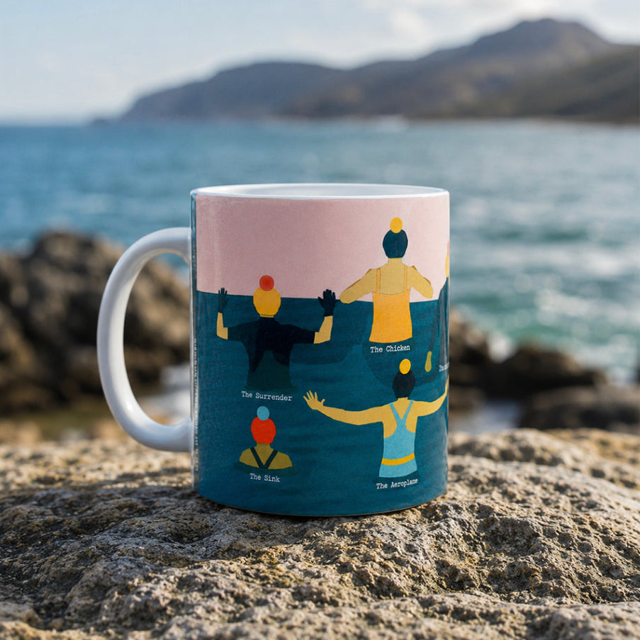Wild Swimming Water Entry Mug featuring people doing humorous cold water swimming entry techniques.