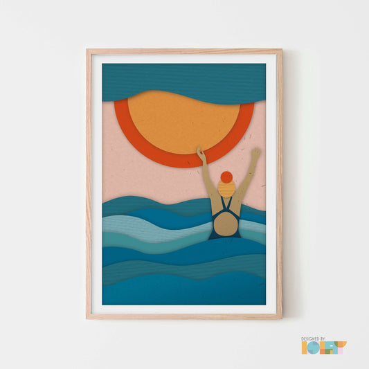 Wild sea swimming portrait print featuring orange & yellow sun, blue waves and female with hands up in joy. Layered paper texture style
